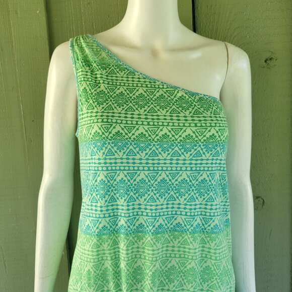 NWT GAP Green Aztec Print One Shoulder Jersey Dress Small S Drawstring - Picture 2 of 4